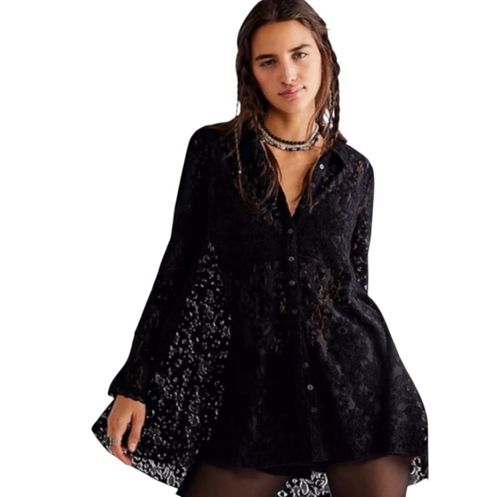 Free People Heather Lace Tunic Shirt in Black Sz S Velvet Burnout Boho